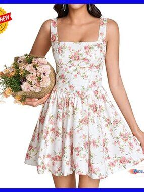 Floral Corset Mini Dress Square Neck A-Line Summer Graduation